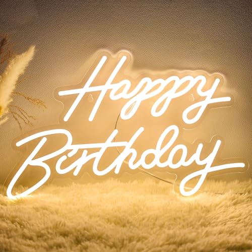 Dengduoduo Happy Birthday Neon Sign for Wall Decor, LED Happy Birthday Light Up Sign, USB Powered Dimmable Neon Light for Birthday Party Decorations Backdrop, Warm White - Image 1