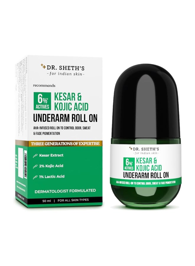 Dr. Sheth's Dr. Sheth’s Kesar & Kojic Underarm ROLL-ON | 6% Actives -AHA, Kojic Acid & Niacinamide | Controls Body Odor, Sweat & Fades Pigmentation | For All Skin Types | Aqua Fragrance | Aluminium & Alcohol Free| For Men & Women | 50ml - Image 1