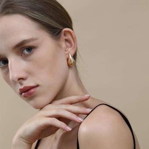 Apsvo Chunky 14K Gold Plated Hoop Earrings for Women, Lightweight Waterdrop Hollow Open Hoops, Hypoallergenic Dupes Earrings - Image 4