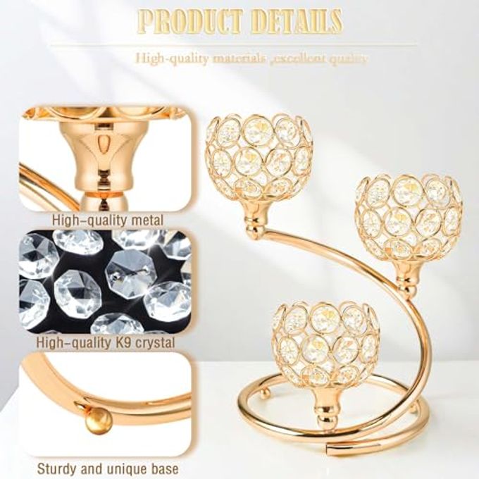 kehail Gold Metal Crystal Candle Holder Modern 3-Arm Tea Light Centerpiece with Sparkling Crystal Bowl, Elegant Table Decor for Weddings, Anniversaries, Dining & Parties - Image 5