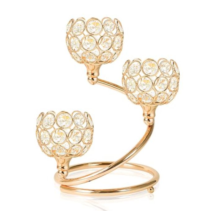 kehail Gold Metal Crystal Candle Holder Modern 3-Arm Tea Light Centerpiece with Sparkling Crystal Bowl, Elegant Table Decor for Weddings, Anniversaries, Dining & Parties - Image 4