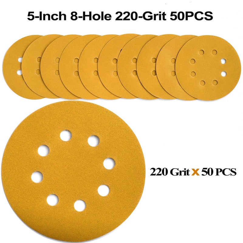 Aiyard 5-Inch 8-Hole Hook and Loop Sanding Discs 220-Grit Random Orbit Sandpaper, 50-Pack - Image 3