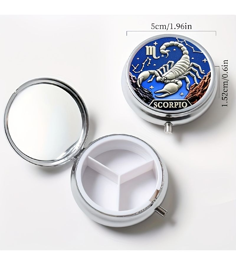 A Round Portable Medicine And Vitamin Container With Three Sections Scorpio Constellation Design Ideal For Wallet Or Pocket Storage Great Small Gift - Image 3