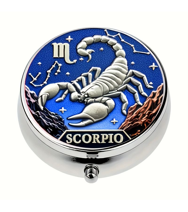 A Round Portable Medicine And Vitamin Container With Three Sections Scorpio Constellation Design Ideal For Wallet Or Pocket Storage Great Small Gift - Image 1