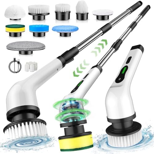 CACULE Electric Spin Scrubber, Cordless Cleaning Brush, Shower Cleaning Brush with 9 Brush Heads 2H Power Dual Speed, Adjustable Extension Handle, IPX7 Waterproof for Tub Tile Floor Car, White - Image 3