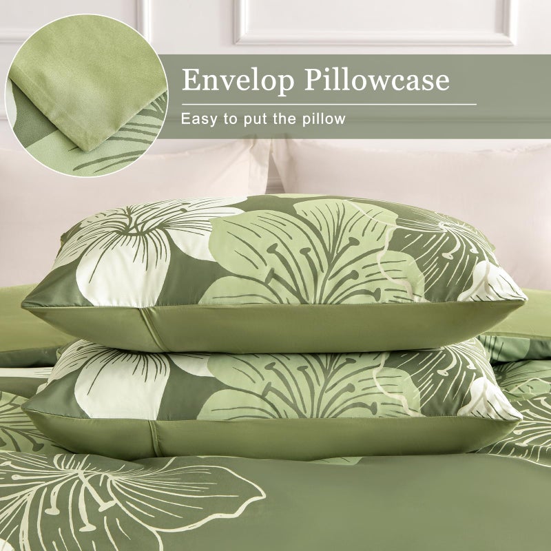 DJY 3 Pieces Duvet Cover Set Queen Sage Green Floral Pattern Comforter Cover Elegant Boho Floral Duvet Cover with 2 Pillow Cases Lightweight Microfiber Bedding Duvet Cover Set All Season 90"x90" - Image 5