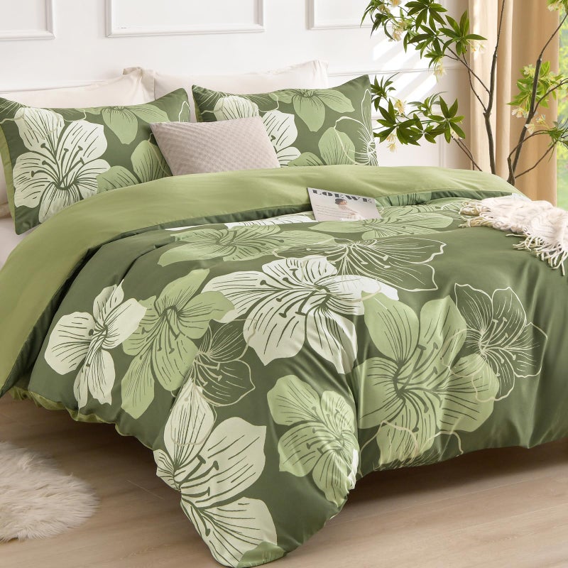 DJY 3 Pieces Duvet Cover Set Queen Sage Green Floral Pattern Comforter Cover Elegant Boho Floral Duvet Cover with 2 Pillow Cases Lightweight Microfiber Bedding Duvet Cover Set All Season 90"x90" - Image 2