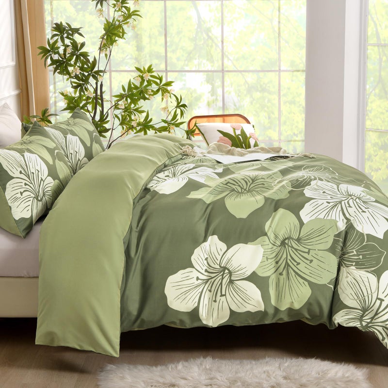 DJY 3 Pieces Duvet Cover Set Queen Sage Green Floral Pattern Comforter Cover Elegant Boho Floral Duvet Cover with 2 Pillow Cases Lightweight Microfiber Bedding Duvet Cover Set All Season 90"x90" - Image 3