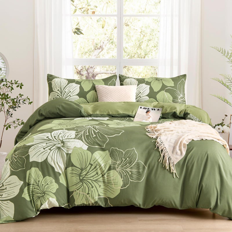 DJY 3 Pieces Duvet Cover Set Queen Sage Green Floral Pattern Comforter Cover Elegant Boho Floral Duvet Cover with 2 Pillow Cases Lightweight Microfiber Bedding Duvet Cover Set All Season 90"x90" - Image 1