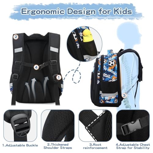 Cusangel Boys Backpack,Soccer Backpack for Boys,Grades 1-4 Football Print Bookbag for Kids Multi Compartment, Chest Strap Side Pockets 16 Inch - Image 2