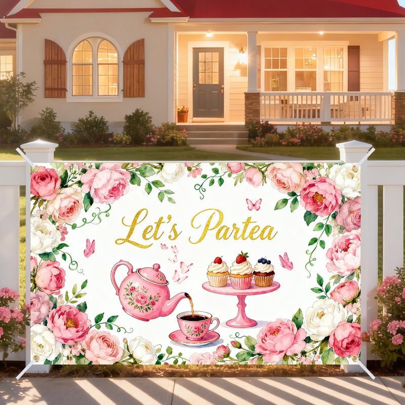 Gaofly Tea Party Backdrop 6x4FT â€“ Let's Partea Banner Decorations with 19.69ft Ribbon, Floral Teapot Background for Tea Party Decorations, Birthday Baby Shower Photo Booth Props - Image 4