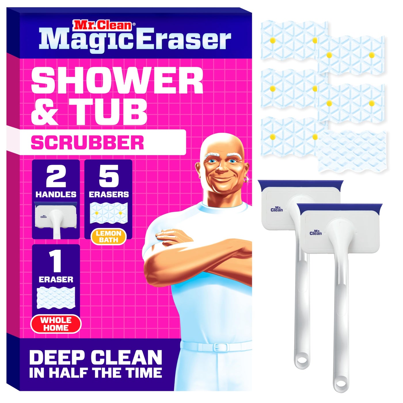 Mr Clean Mr. Clean Magic Eraser Shower & Tub Scrubber, Bathroom Cleaner, All in One Bathroom Cleaner, Lemon Starter Kit, 2 Scrubber, 5 Foaming Magic Erasers, 1 Whole Home Extra Durable Magic Eraser