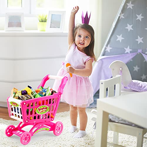 deAO Kids Shopping Cart with Food Shopping Trolley Basket for Toy Shop Kitchen 65 PCS Play Food Role Play Educational Toy (Pink) - Image 3
