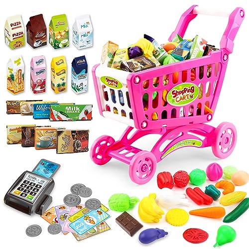 deAO Kids Shopping Cart with Food Shopping Trolley Basket for Toy Shop Kitchen 65 PCS Play Food Role Play Educational Toy (Pink) - Image 1