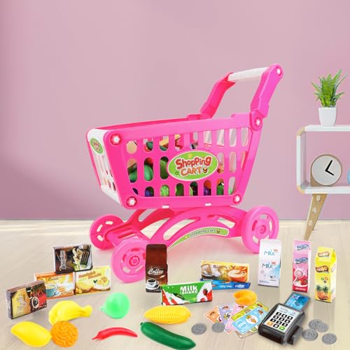 deAO Kids Shopping Cart with Food Shopping Trolley Basket for Toy Shop Kitchen 65 PCS Play Food Role Play Educational Toy (Pink) - Image 5