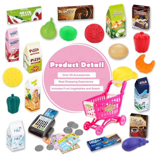 deAO Kids Shopping Cart with Food Shopping Trolley Basket for Toy Shop Kitchen 65 PCS Play Food Role Play Educational Toy (Pink) - Image 4
