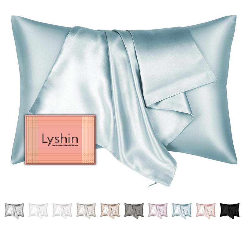 LYSHIN Mulberry Silk Pillow Cases Queen Size with Hidden Zipper  Ultra Smooth and Soft Breathable Cooling Silk Satin Pillowcase for Hair and Skin  Gifts for Women Men (Haze Blue  20x30 Inches  1 Pack) - Image 1