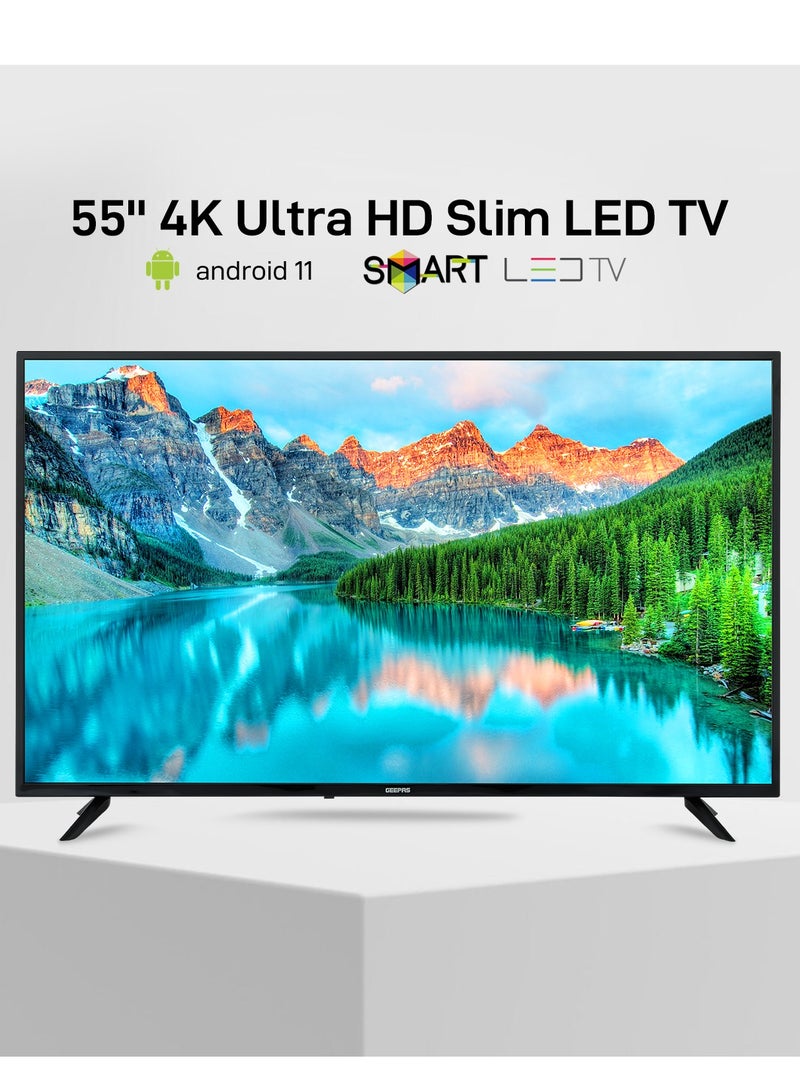 GEEPAS 55 Inch Smart TV GLED5523SXUHD 4K Ultra HD Slim LED TV With Remote Control HDMI And USB Ports| Android 11.0 WI-FI And Eco Efficiency - Image 1