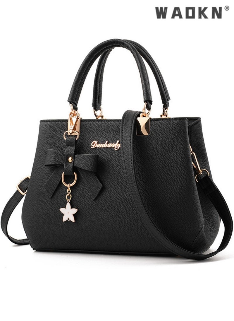 WAOKN - Women's New Fashion Bow Decorated Handbag, Ladies Simple Large-capacity Shoulder Bag, Crossbody Bag, Elegant Multi-pocket Tote Bag Carrying Bag(Black) - Image 1