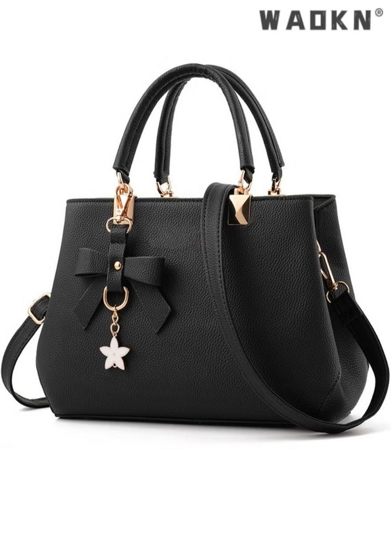 WAOKN Women's New Fashion Bow Decorated Handbag, Ladies Simple Large-capacity Shoulder Bag, Crossbody Bag, Elegant Multi-pocket Tote Bag Carrying Bag(Black) - Image 1