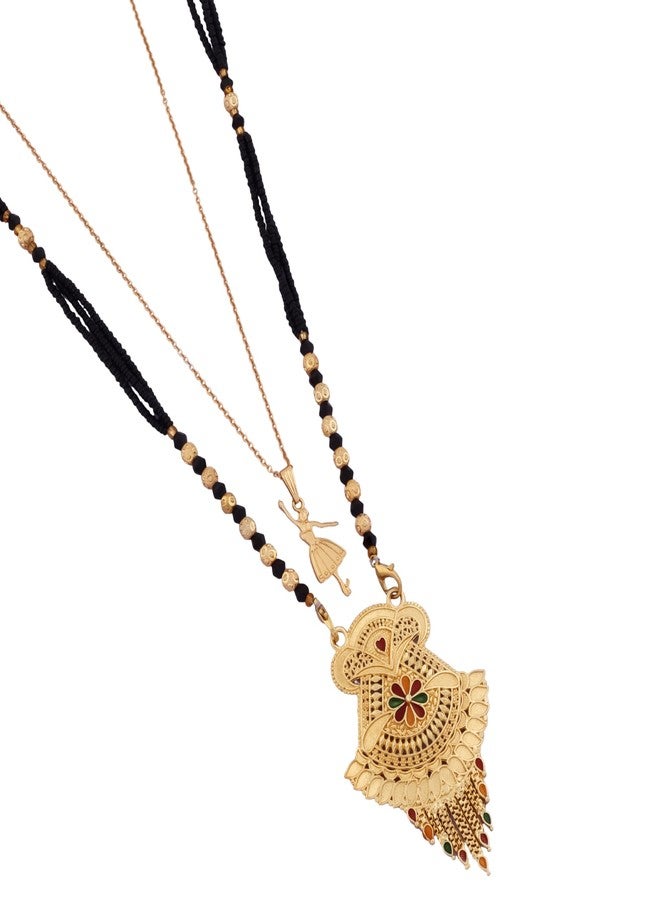 MALKYN Women's Gold Plated Traditional Indian Mangalsutra with Enamel Work and Delicate Ballerina Pendant Layered Necklace Set, Black Beaded Wedding Jewelry-MD-144 - Image 1