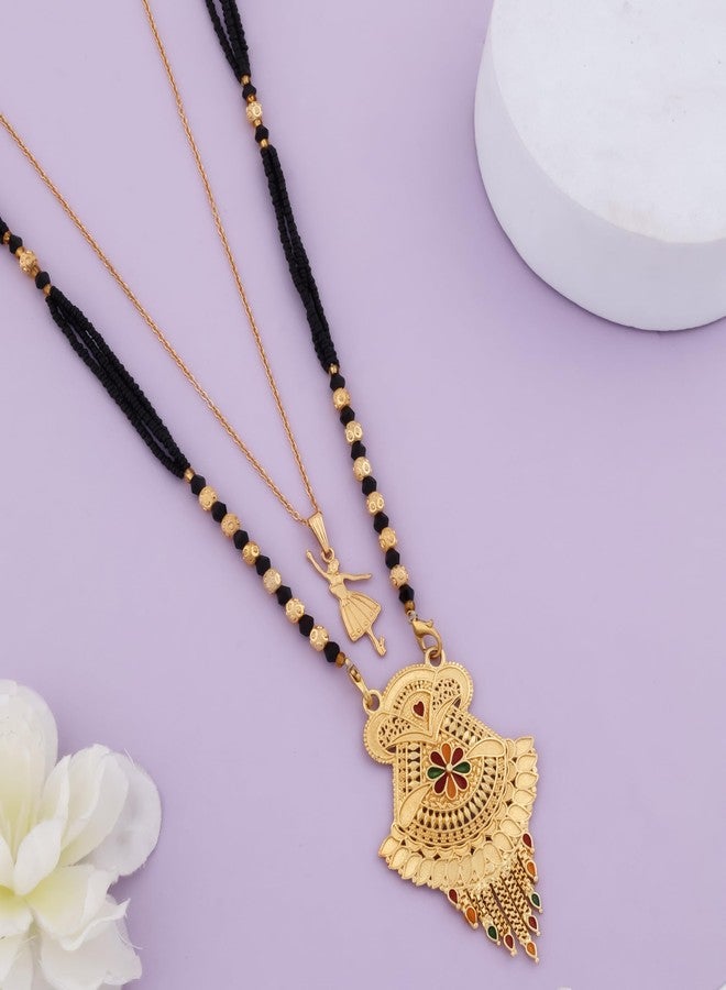 MALKYN Women's Gold Plated Traditional Indian Mangalsutra with Enamel Work and Delicate Ballerina Pendant Layered Necklace Set, Black Beaded Wedding Jewelry-MD-144 - Image 2