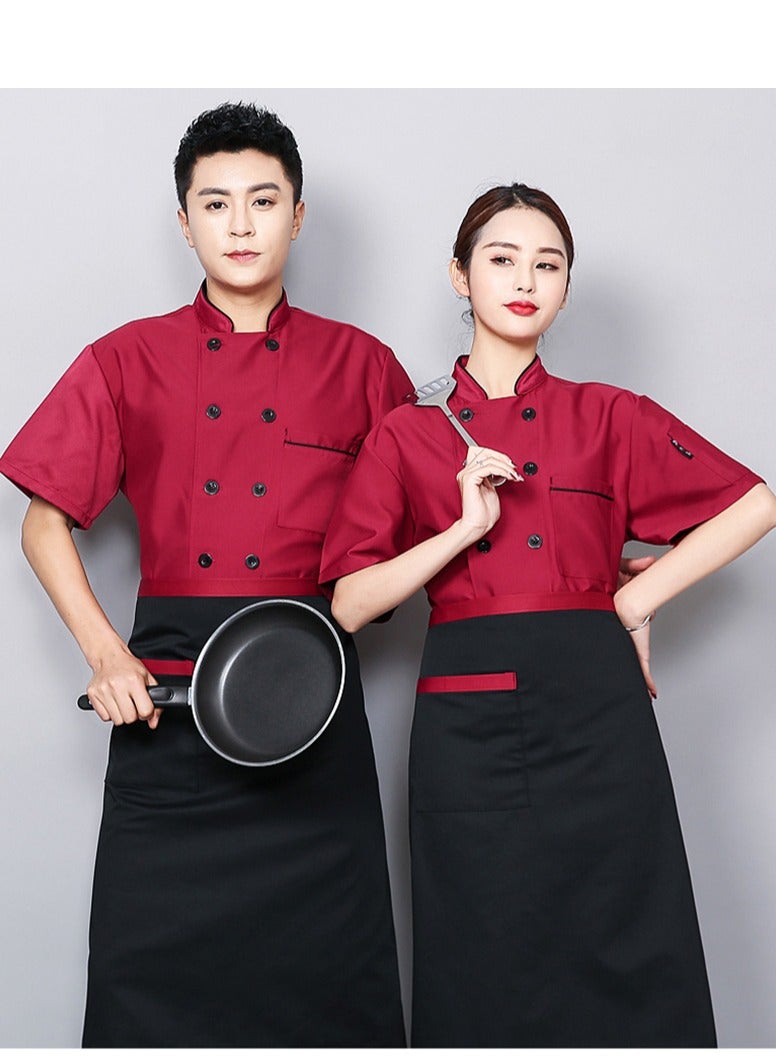 Loquat Chef Uniform Apron Suit Short Sleeves with a Hat Suitable For Hotel Western Restaurant Red - Image 3