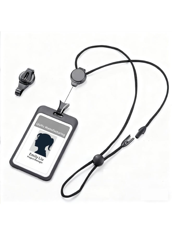 حامل بطاقة هوية فاخر قابل للسحب مع مشبك أمان، سعة تخزين كبيرة، حزام رقبة قطني ناعم قابل للتعديل، حامل بطاقة هوية عمودي، للموظفين وموظفي المكاتب (أسود - عمودي) - Image 1