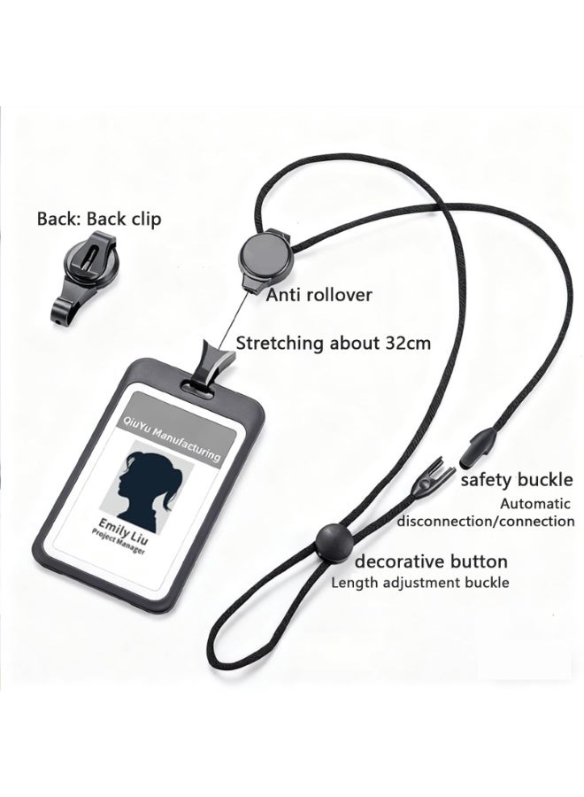 حامل بطاقة هوية فاخر قابل للسحب مع مشبك أمان، سعة تخزين كبيرة، حزام رقبة قطني ناعم قابل للتعديل، حامل بطاقة هوية عمودي، للموظفين وموظفي المكاتب (أسود - عمودي) - Image 2