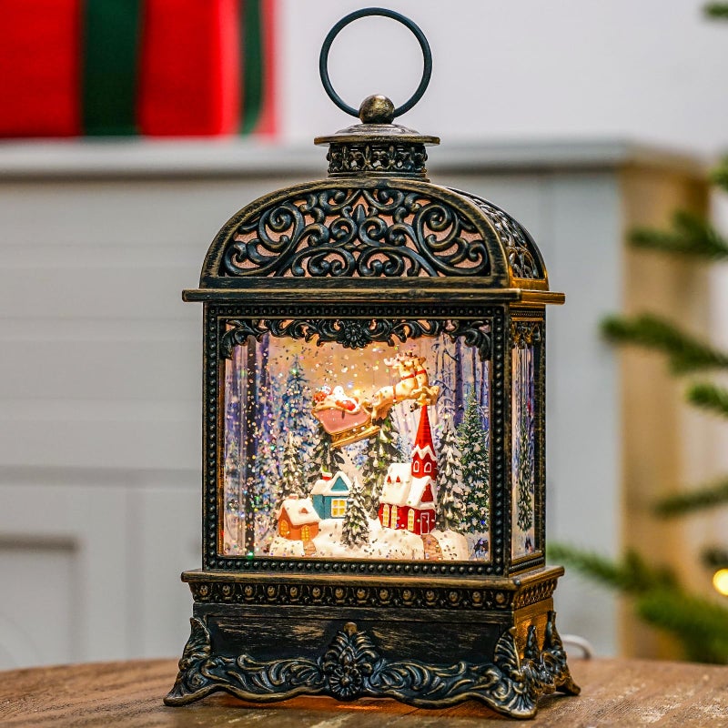 Christmas Village Snow Globe Lighted Flying Santa Scene Musical Snow Water Lantern Swirling Glittering Home Decoration and Gift Battery Operated or USB Powered