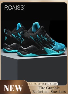 roaiss High Top Basketball Sneakers for Men Flame Pattern Outdoor Non-slip Trainers Trendy Casual Lightweight Sports Shoes Men's Elastic Thick Sole Athletic Shoes for Teenagers Black Blue  - Image 1