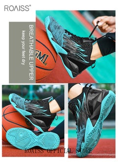 roaiss High Top Basketball Sneakers for Men Flame Pattern Outdoor Non-slip Trainers Trendy Casual Lightweight Sports Shoes Men's Elastic Thick Sole Athletic Shoes for Teenagers Black Blue  - Image 3