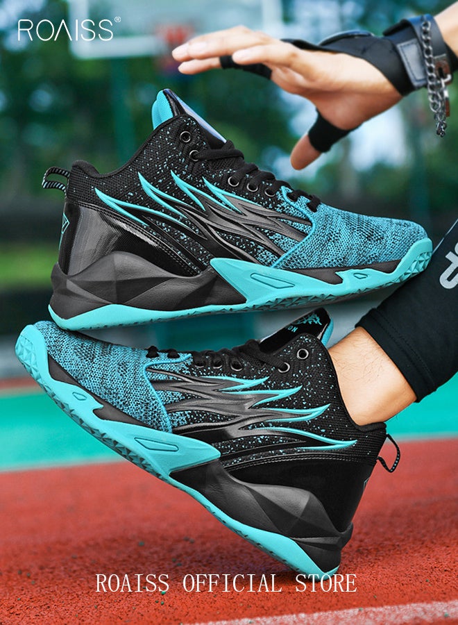 roaiss High Top Basketball Sneakers for Men Flame Pattern Outdoor Non-slip Trainers Trendy Casual Lightweight Sports Shoes Men's Elastic Thick Sole Athletic Shoes for Teenagers Black Blue Colorblock Sneakers  - Image 2