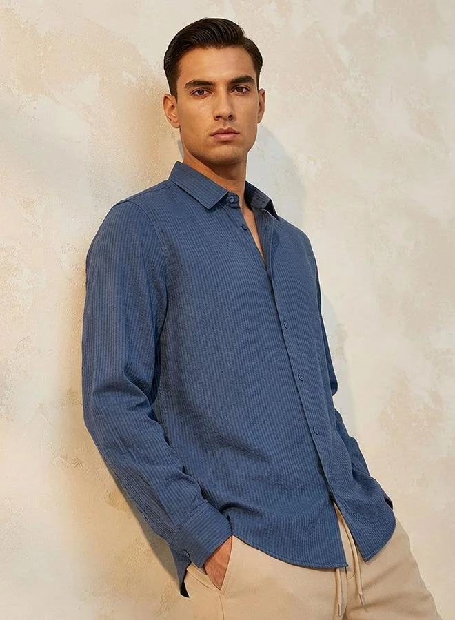 Splash FAV Men Regular Fit Collared Striped Long Sleeve Linen Blend Shirt