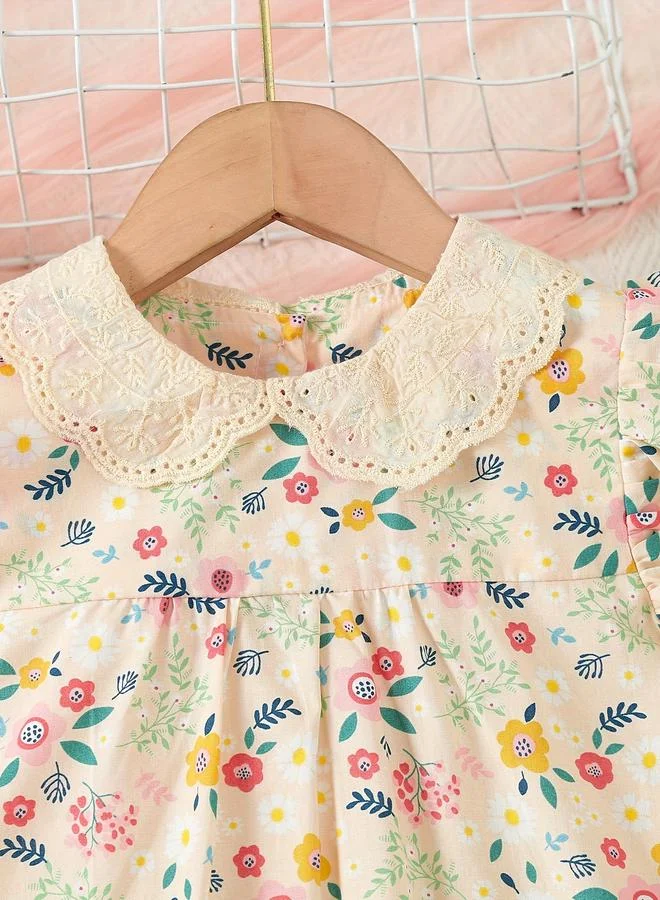تايك تو Take Two Girls Beige Cotton Floral Peter Pan Dress