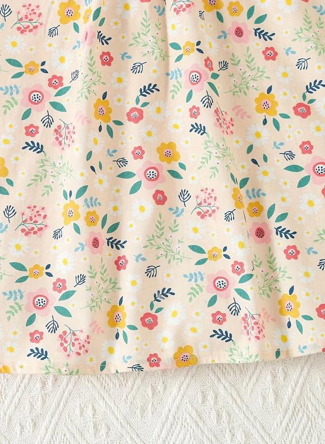 تايك تو Take Two Girls Beige Cotton Floral Peter Pan Dress