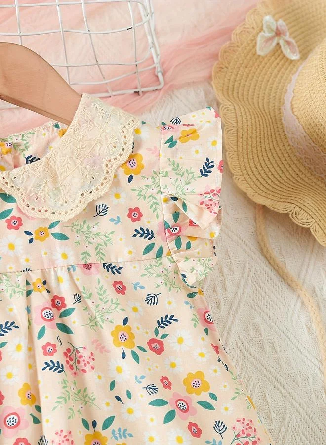 تايك تو Take Two Girls Beige Cotton Floral Peter Pan Dress