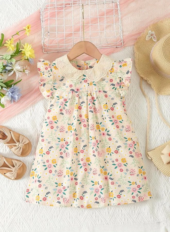 تايك تو Take Two Girls Beige Cotton Floral Peter Pan Dress