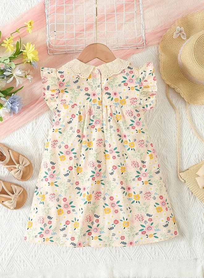 تايك تو Take Two Girls Beige Cotton Floral Peter Pan Dress