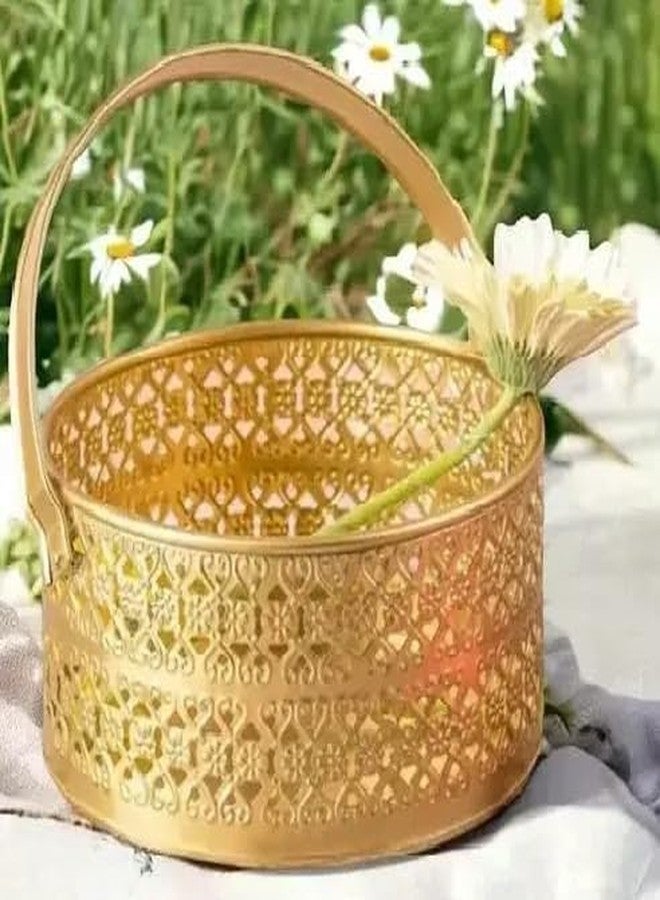PALMY Handcrafted Metal Flower Basket with Handle | Golden Pooja Basket for Mandir, Floral Decoration, Fruit Storage & Home Décor | Decorative Brass-Look Basket (20 cm) - Image 1
