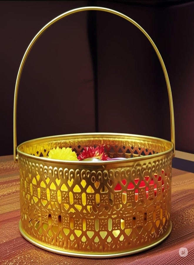 PALMY Handcrafted Metal Flower Basket with Handle | Golden Pooja Basket for Mandir, Floral Decoration, Fruit Storage & Home Décor | Decorative Brass-Look Basket (20 cm) - Image 5