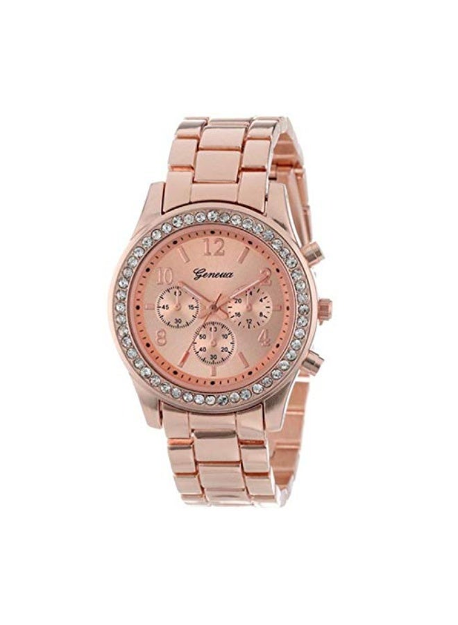 Geneva Women's Rose Gold Tone Steel Band Quartz Watch with Diamond Inlay Bezel and Numerical Dial - Image 1