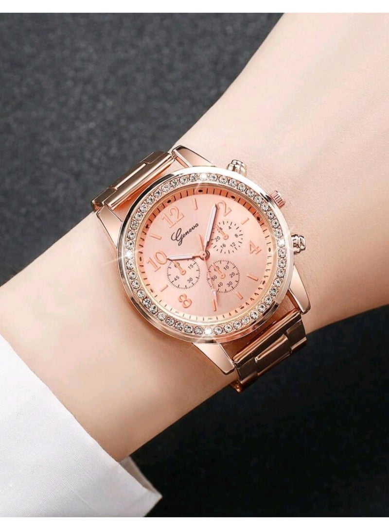 Geneva Women's Rose Gold Tone Steel Band Quartz Watch with Diamond Inlay Bezel and Numerical Dial - Image 3