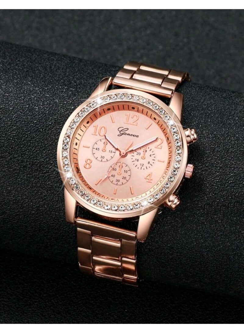 Geneva Women's Rose Gold Tone Steel Band Quartz Watch with Diamond Inlay Bezel and Numerical Dial - Image 5