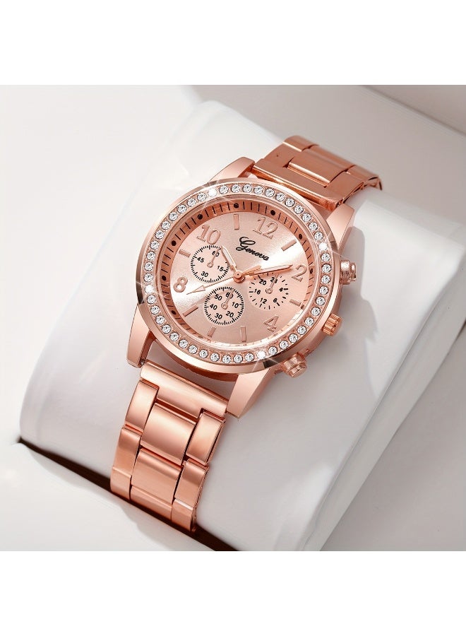 Geneva Women's Rose Gold Tone Steel Band Quartz Watch with Diamond Inlay Bezel and Numerical Dial - Image 2