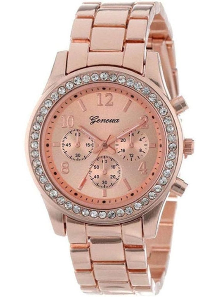 Geneva Women's Rose Gold Tone Steel Band Quartz Watch with Diamond Inlay Bezel and Numerical Dial - Image 4