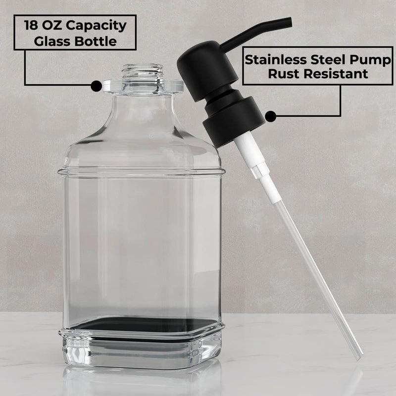 GLADPURE Soap Dispenser - 2 Pack, 18 Oz Antique Design Thick Glass Hand Soap Dispensers; with 304 Rust Proof Stainless Steel Pump, 6Pcs Clear Stickers, for Kitchen, Bathroom - Black - Image 2
