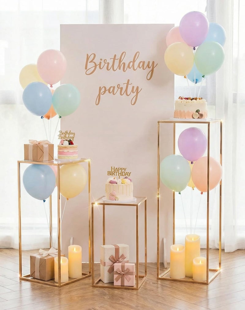Inweder Cylinder Pedestal Stands for Party: Three-Piece Set - 23.6"/31.5"/39.4" Tall Cake Pedestal Stand for Party - Gold Cylinder Cake Table for Outdoor Indoor - Image 1