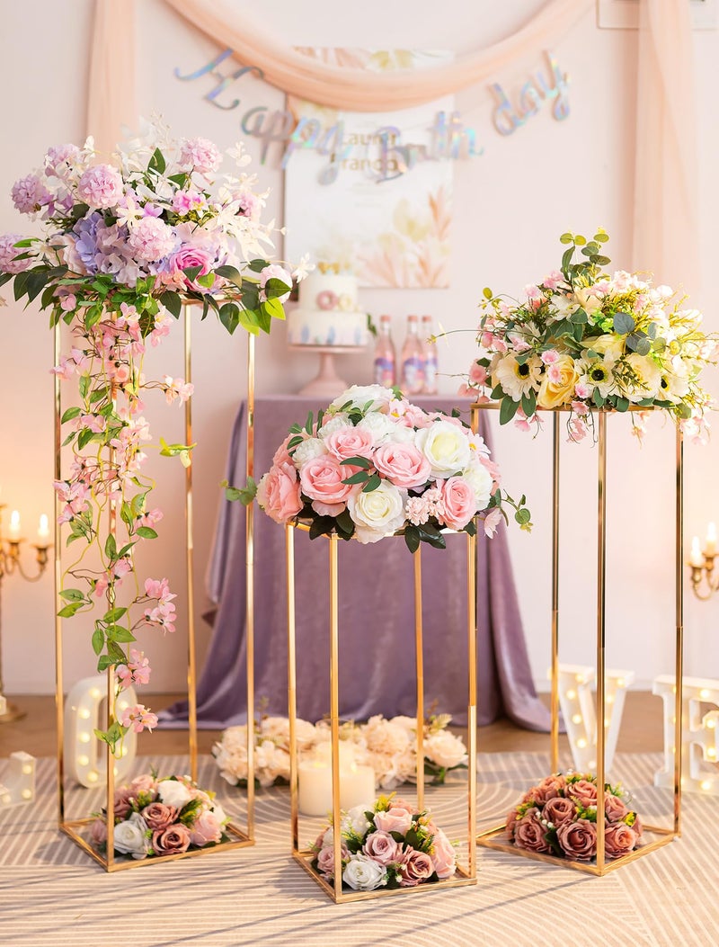 Inweder Cylinder Pedestal Stands for Party: Three-Piece Set - 23.6"/31.5"/39.4" Tall Cake Pedestal Stand for Party - Gold Cylinder Cake Table for Outdoor Indoor - Image 2