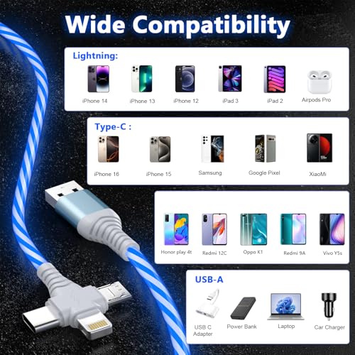 MTAKYI 3-in-1 LED Light Up Flowing Multi iPhone Charger Cable,Lightning/Type C/Micro USB Car RGB Glowing Connector Cord for Apple iPhone 15/14/13/12/11 Pro Max/XR/XS/SE,iPad/Android/Samsung(6.6FT/2M Blue) - Image 3